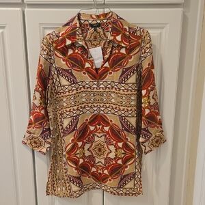 Talbots Multi-Color Geometric Collared Tunic in Red, Tan & Brown